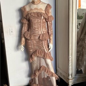 Amen Couture Italy - long sleeve mixed lace sheer gown with train